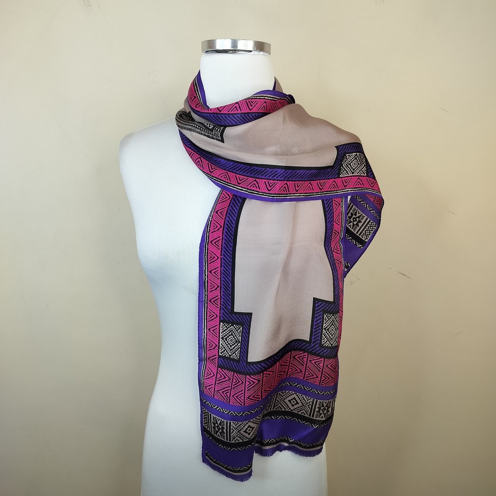 Oscar de la Renta Silk Scarf 51x10 Geometric Tribal Bohemian Purple Pink Grey